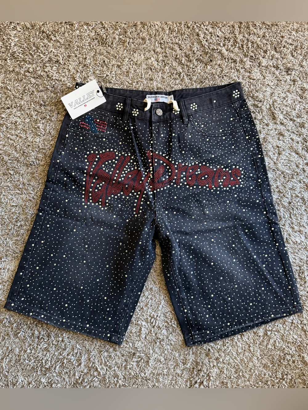 Valley Dreams Black Denim Men's Shorts with Red Script & White Studs